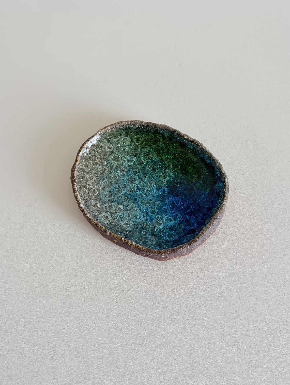 Vintage Aqua Crystalline Glazed Coarse Clay Dish