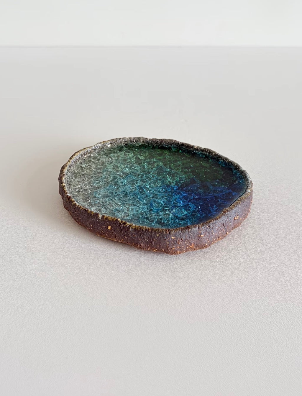 Vintage Aqua Crystalline Glazed Coarse Clay Dish